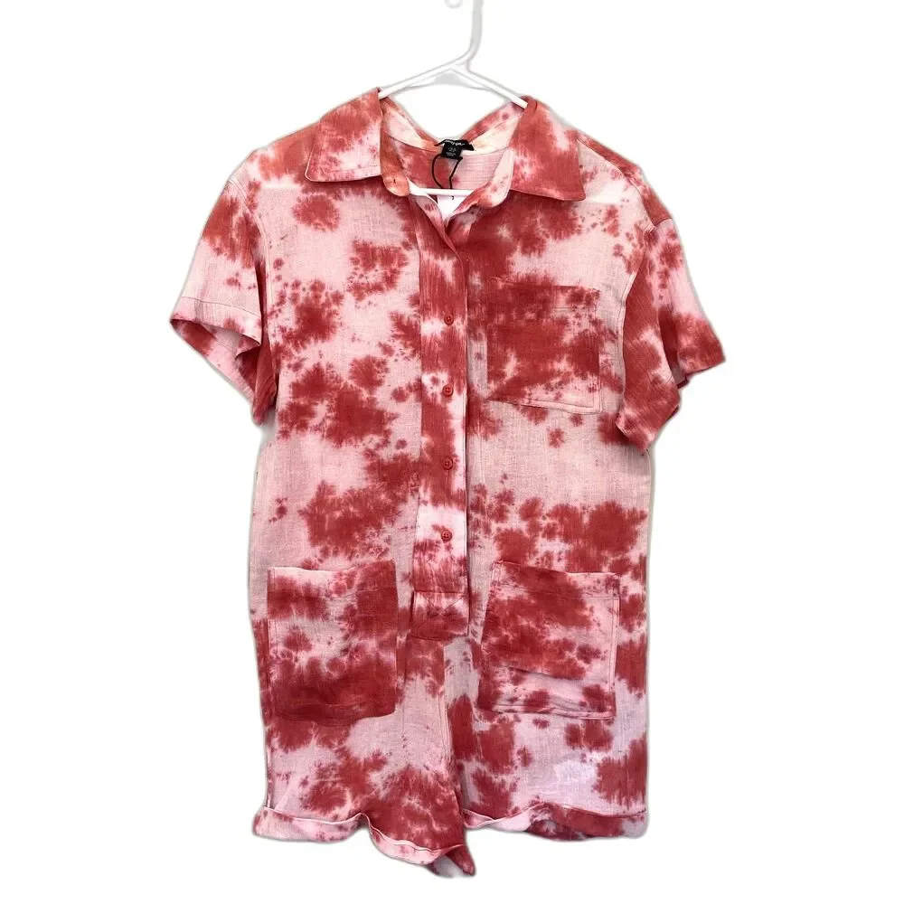 NWT Nasty Gal Tie Dye Lightweight Romper Pink 100% Cotton Summer US Size 6 - Picture 1 of 6